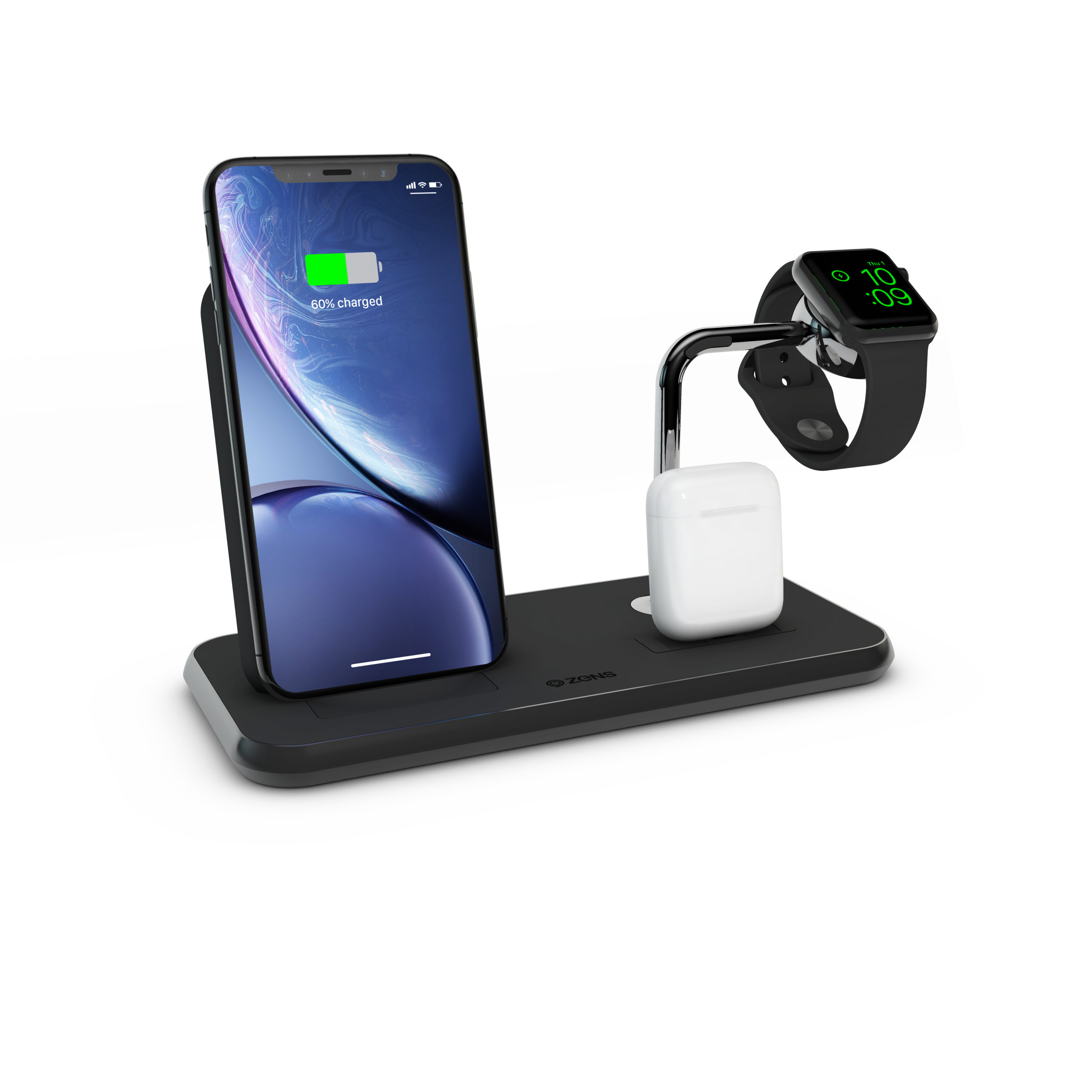 1.-ZEDC07B-StandDockWatch-Aluminium-Wireless-Charger-Black-with-Apple-Watch-iPhone-and-AirPods-scaled