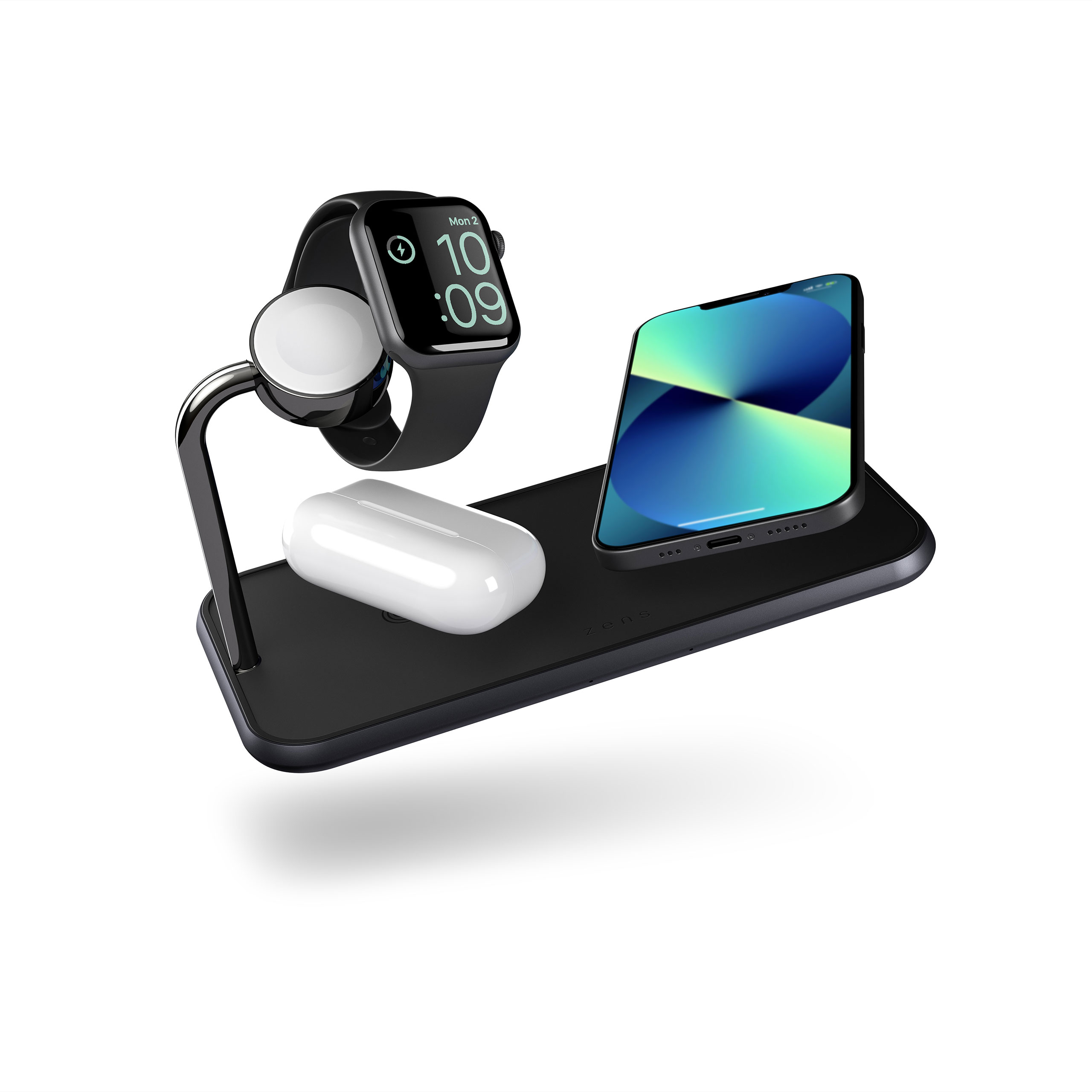 ZEDC05B Zens Dual+Watch Aluminium Wireless Charger Front Side View with iPhone13