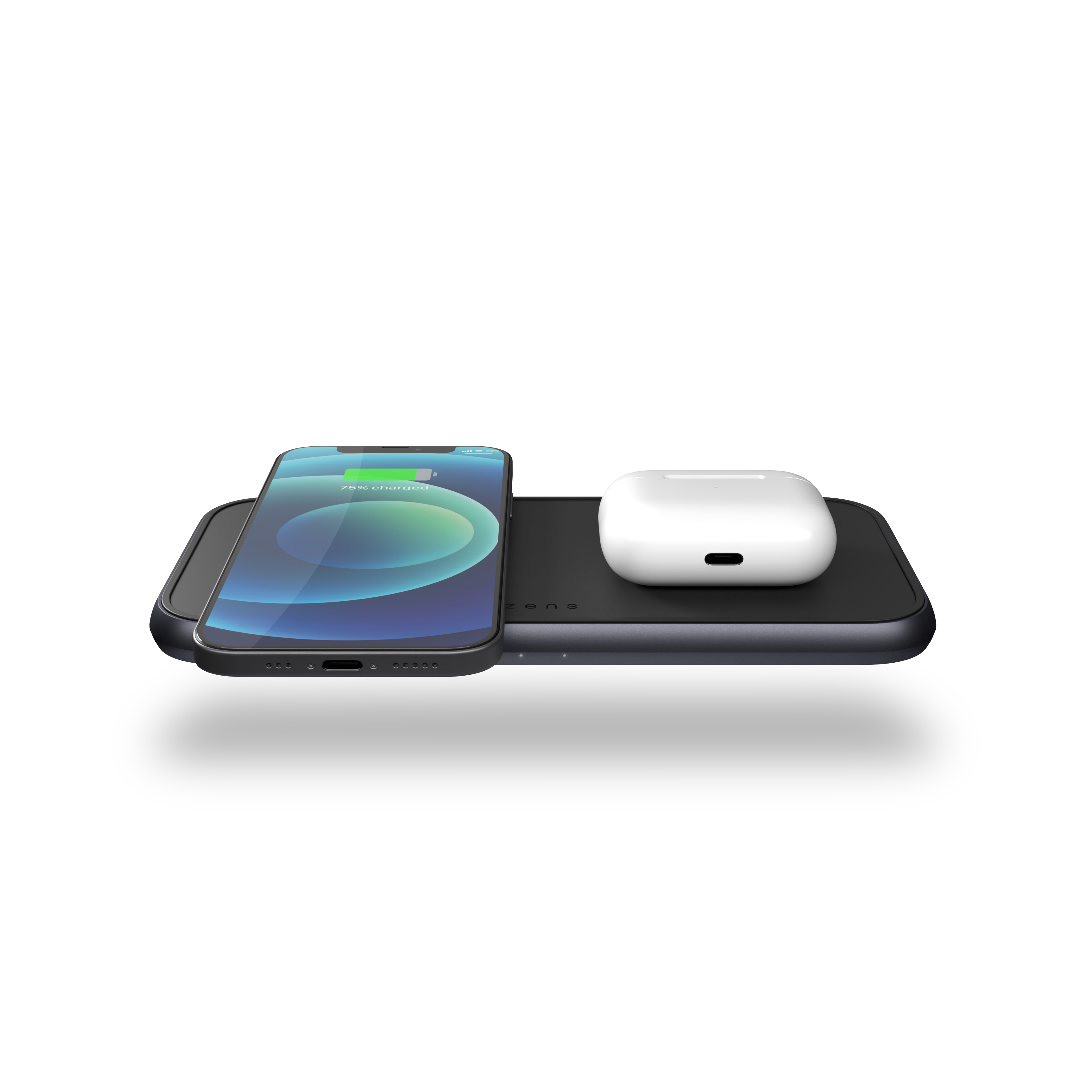 ZEDC10B - Zens Dual Aluminium Wireless Charger Front Top View with devices