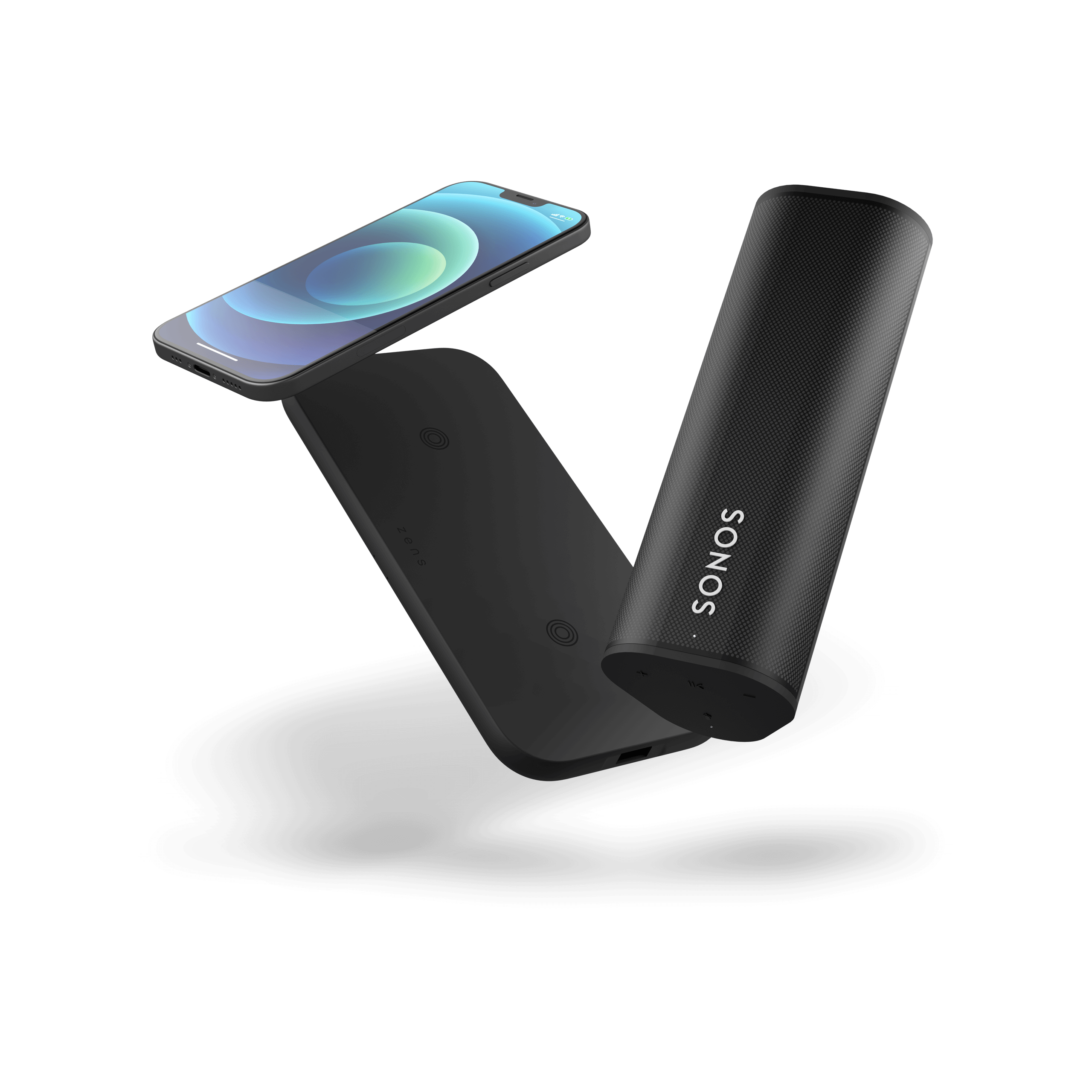 Zwevende draadloze oplader met iPhone en Sonos Roam speaker