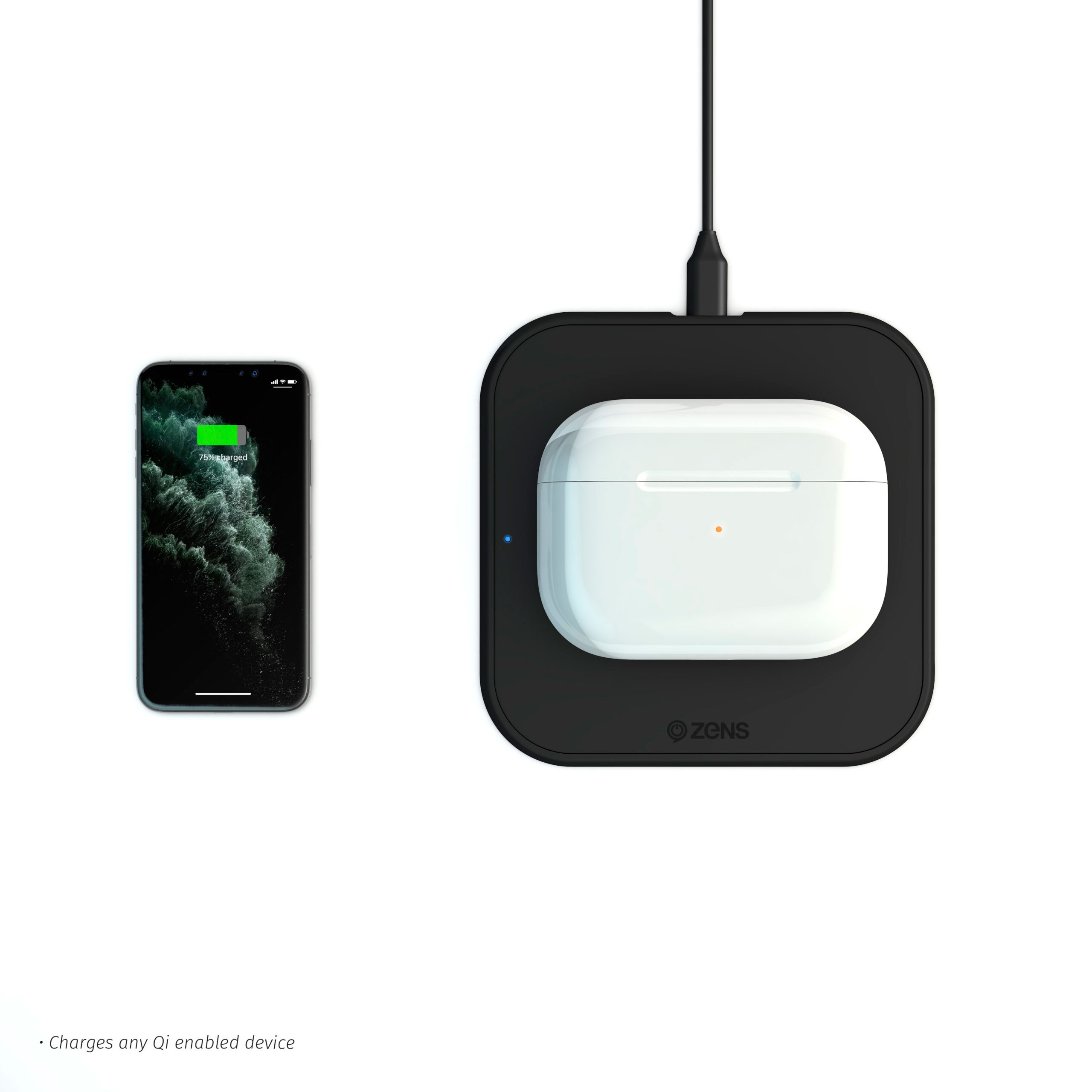 ZESC12BDP/00 - Zens iPhone Starter Pack Slim-line Wireless Charger while charging AirPods and iPhone device