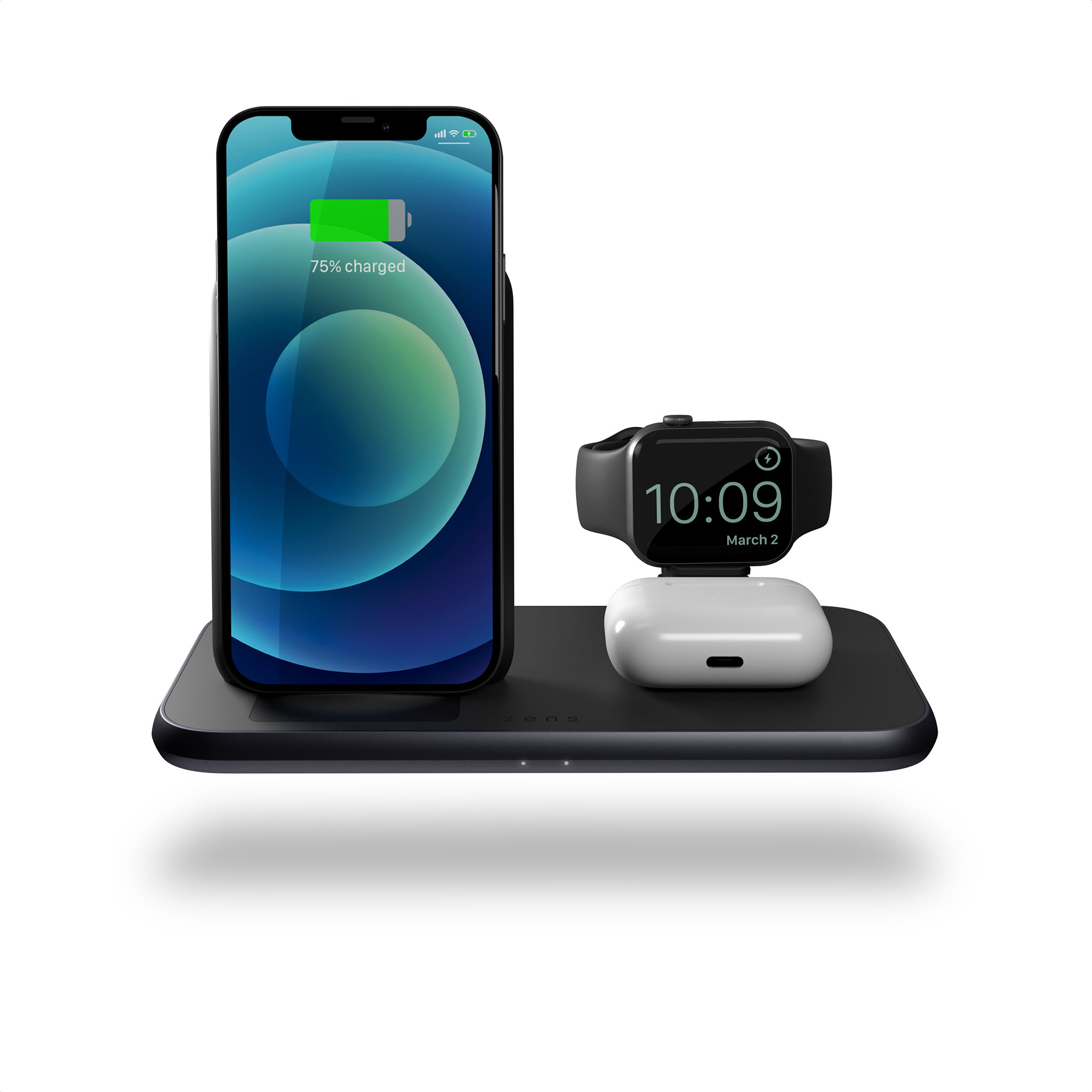 ZEDC15B - 4 in 1 Stand+Watch Wireless Charger Aluminium Front View with devices