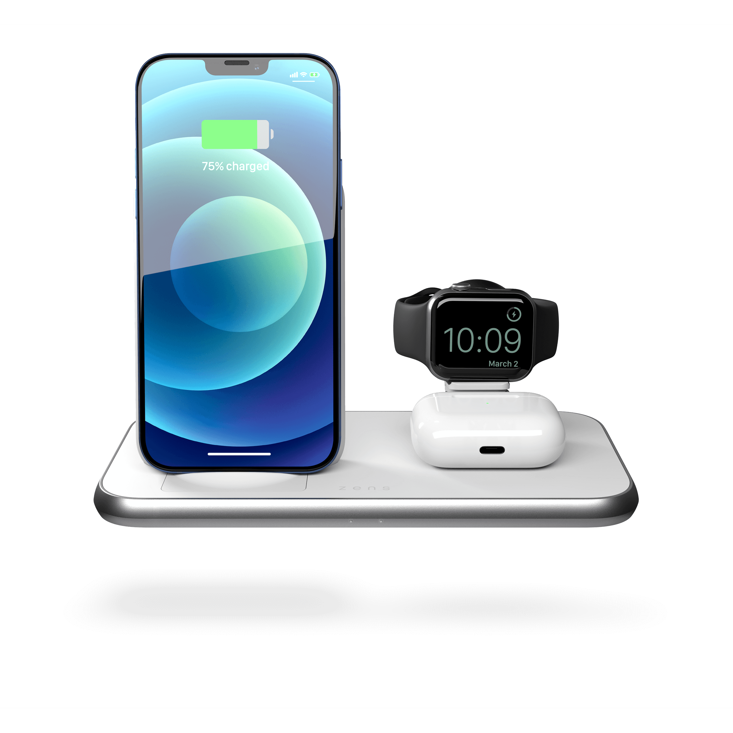 ZEDC15W - 4 in 1 Stand+Watch Wireless Charger Aluminium Front View with Devices