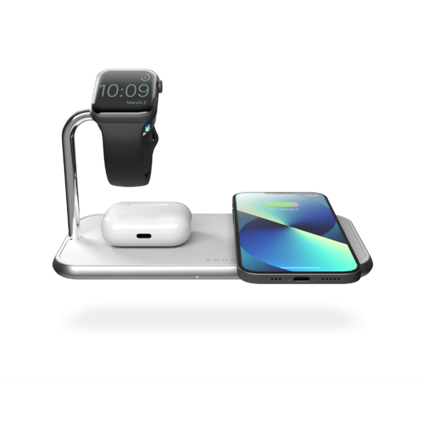 ZEDC05W - Zens Dual+Watch Aluminium Wireless Charger Front View with Devices