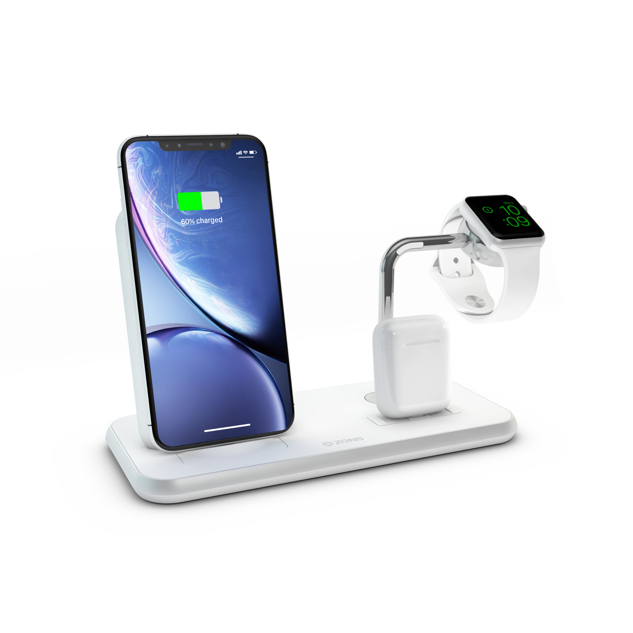 ZEDC07W ZENS StandDockWatch Aluminium Wireless Charger White with Apple Watch iPhone and AirPods