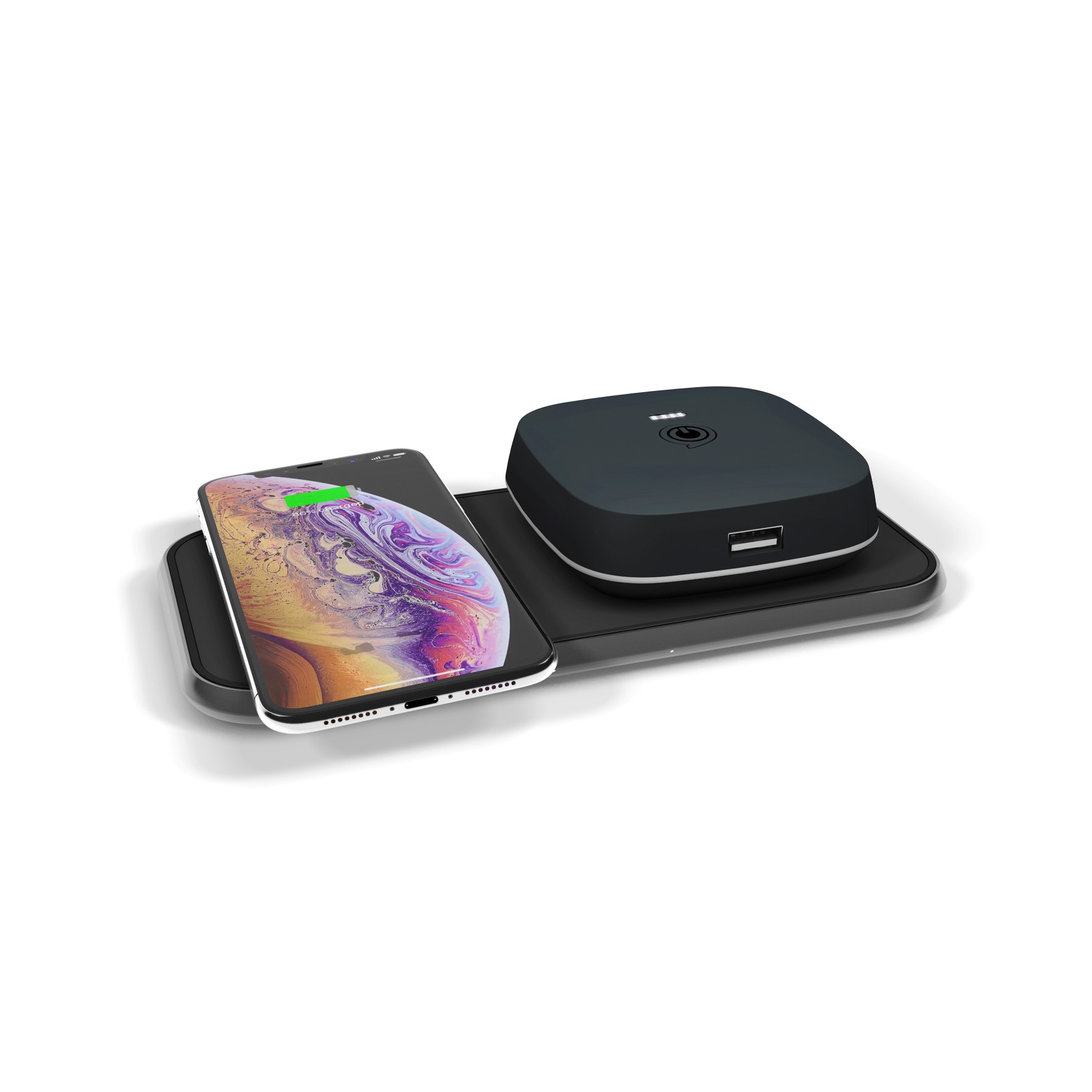 EDC04B ZENS Dual Aluminium Wireless Charger while charging iPhone Xs and ZENS Wireless Rechargeable Powerpack