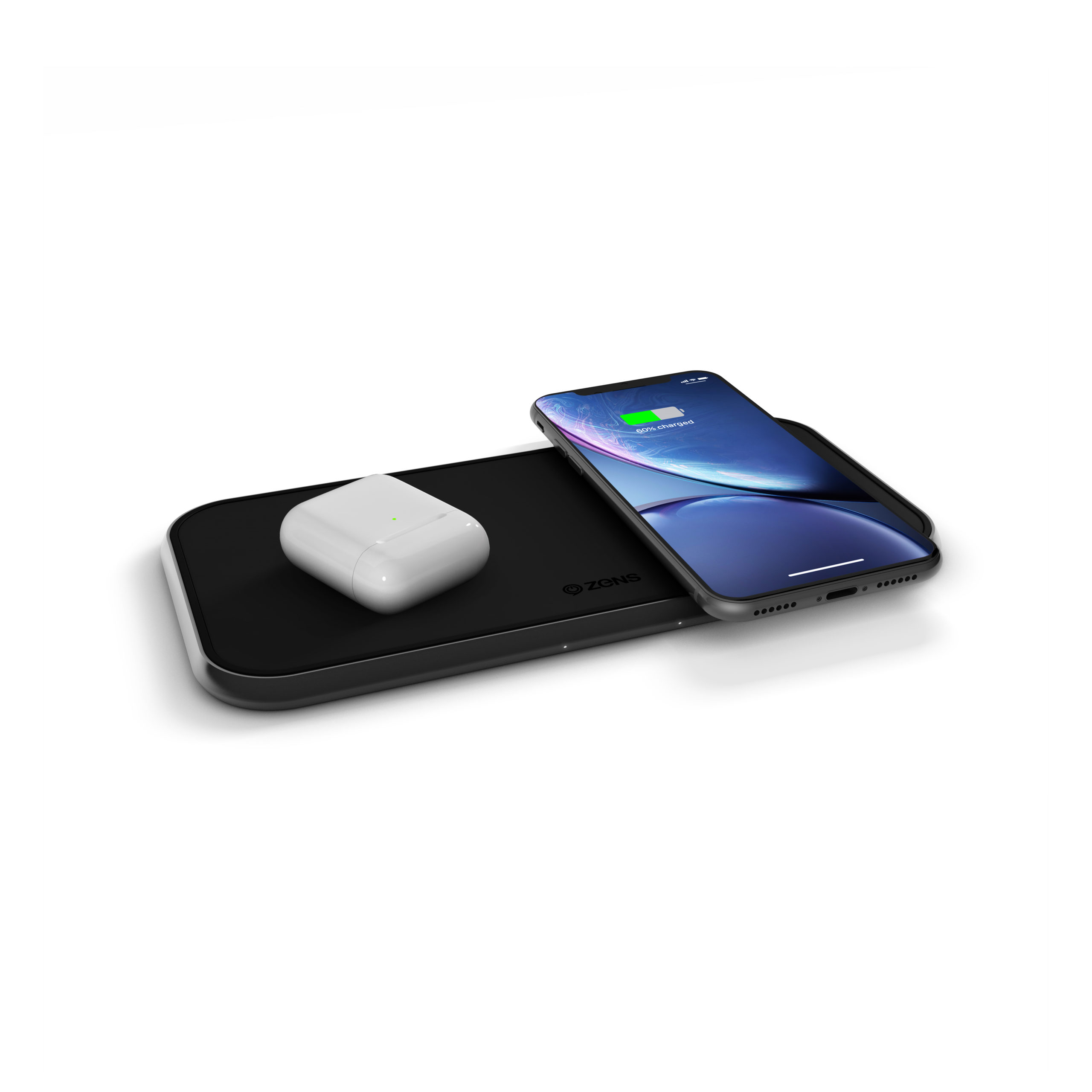 ZENS Dual Aluminium Wireless Charger with Apple AirPods and iPhone Xr