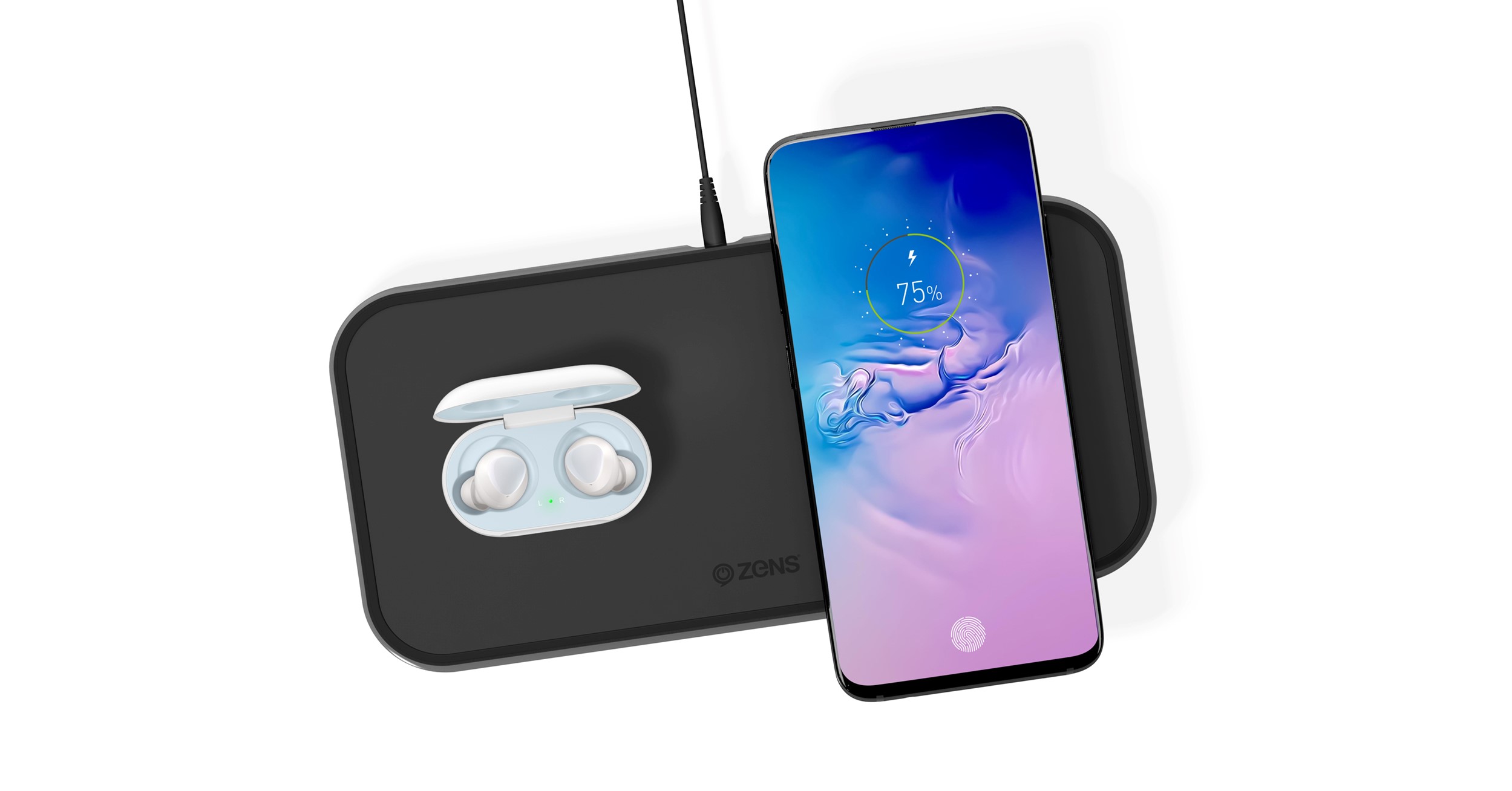 Zens Dual Aluminium Wireless Charger while charging Galaxy Buds and Samsung Galaxy