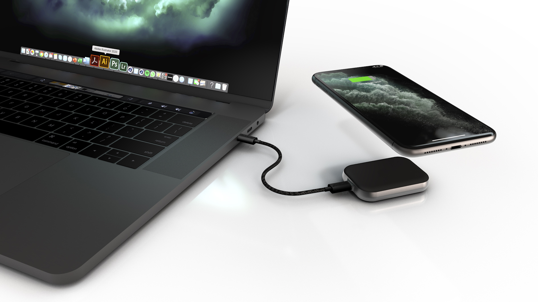 ZENS Aluminium USB-C Stick for AirPods connected to MacBook while charging iPhone