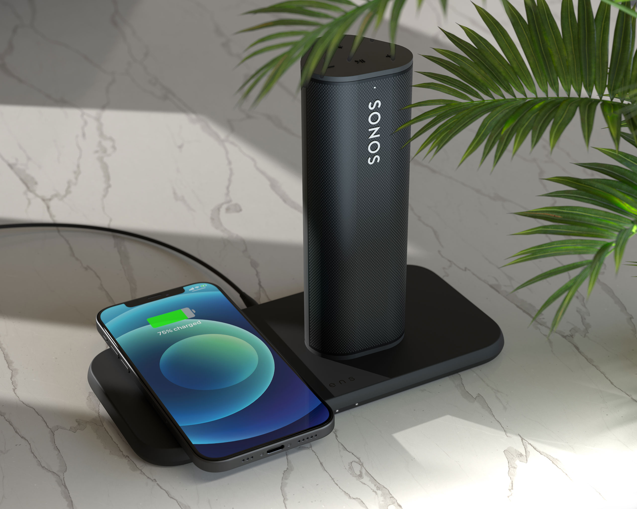 ZEDC12B - Zens Dual Wireless Charger with Sonos Speaker Lifestyle