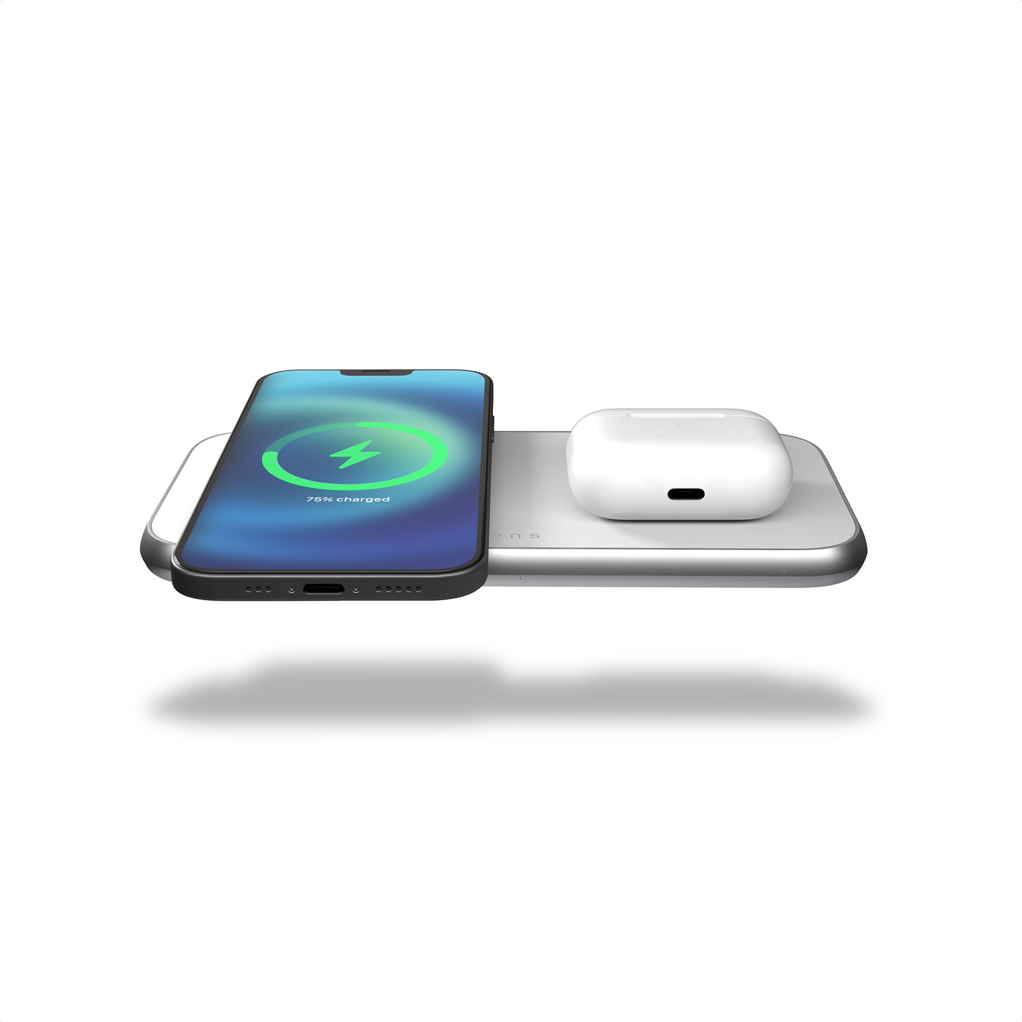 ZEDC16W - Zens 3 in 1 MagSafe Wireless Charger Front Top View with devices