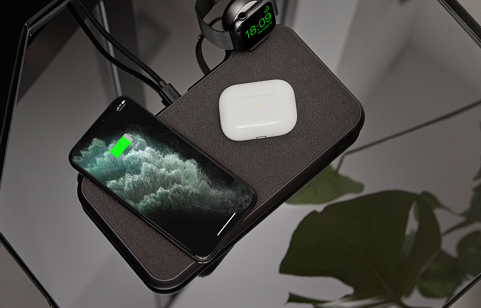 Liberty Wireless charger with iPhone, Airpods and Apple Watch
