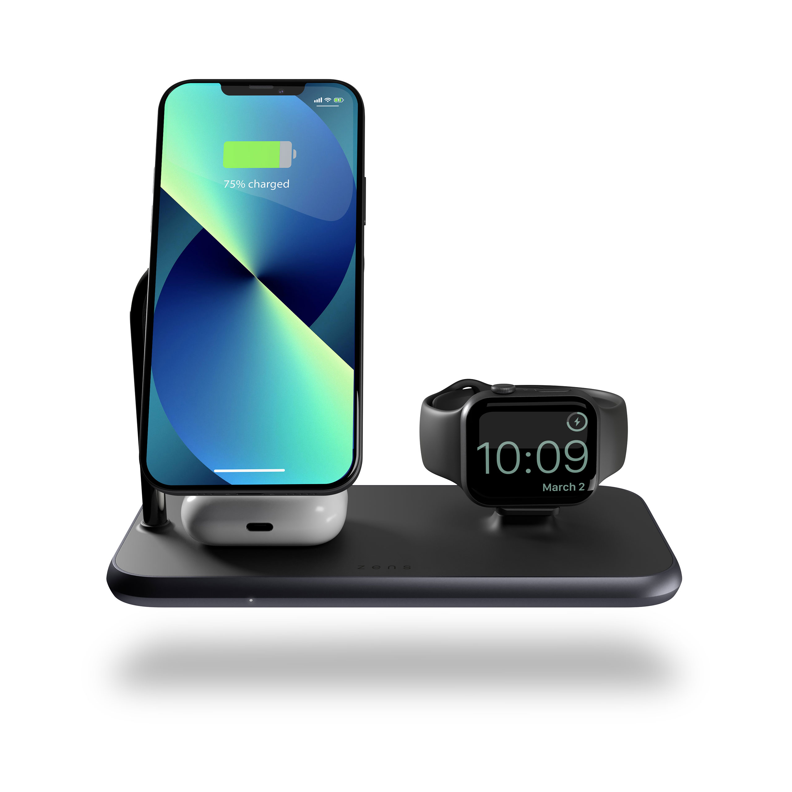 ZEDC18B - Magnetic + Watch Wireless Charger Front View with iPhone 13