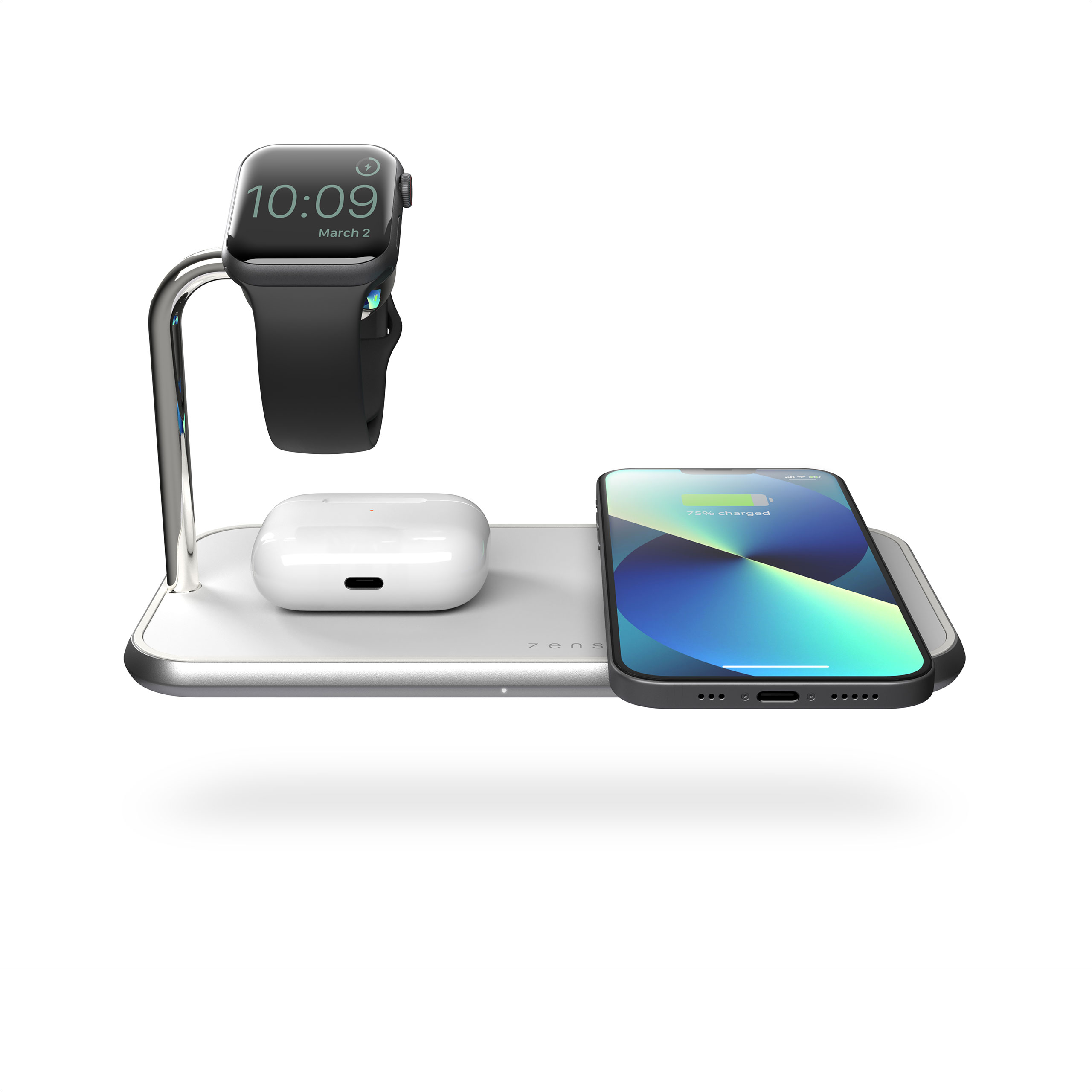 ZEDC05W - Zens Dual+Watch Aluminium Wireless Charger White Front View With Devices